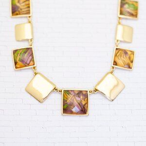 18 inch, Vintage Geometric Square Links Gold Tone Necklace - V26